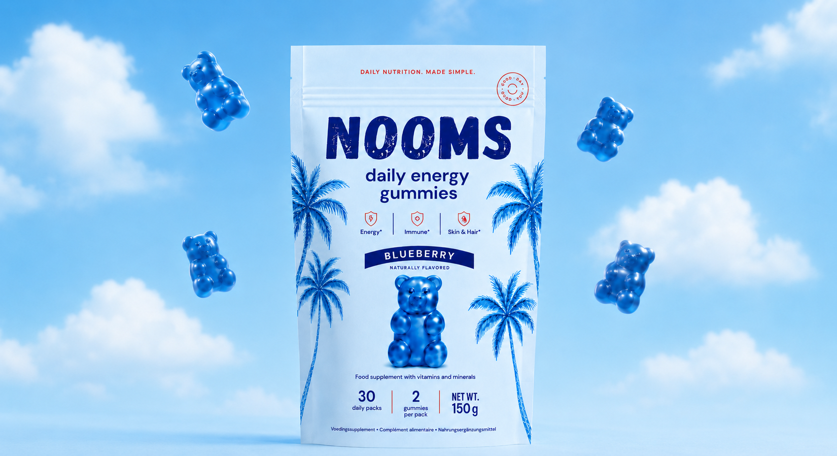 NOOMS Daily Gummies — blueberry gummies in de wolken