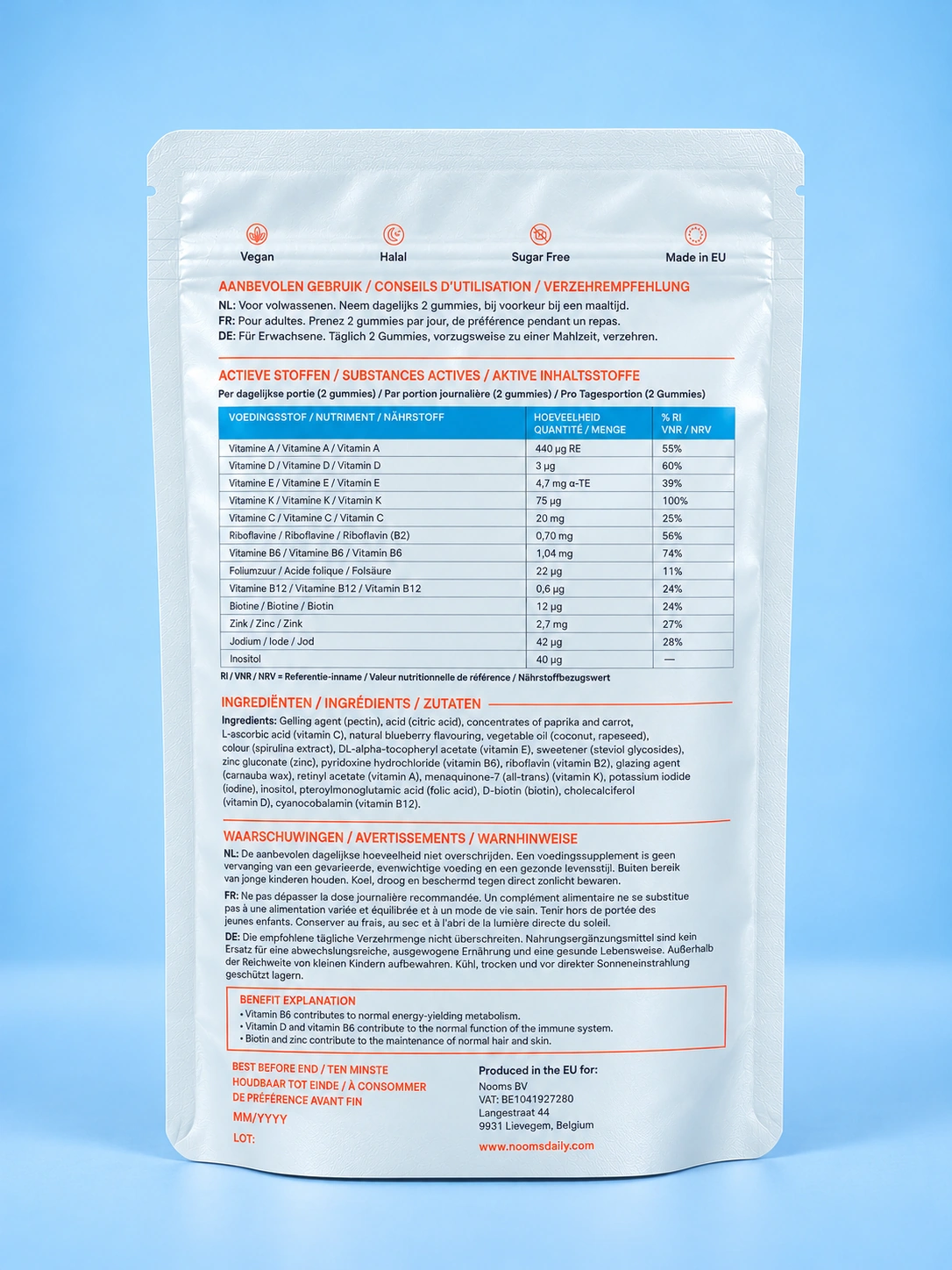 NOOMS Daily Nutrition Gummies — achterkant met ingrediënten en formule